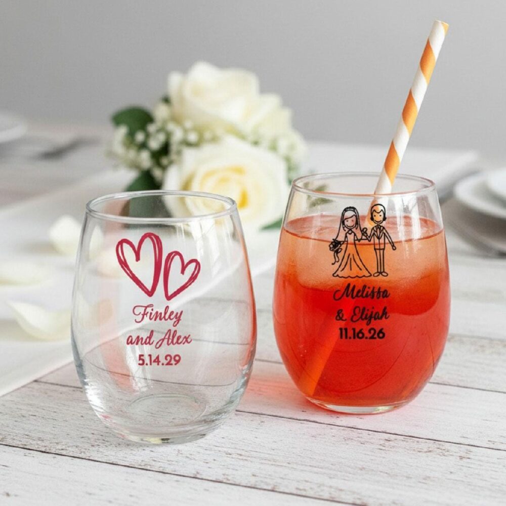 Personalized Wedding Wine Glasses, Stemless Favors, Set Of 24
