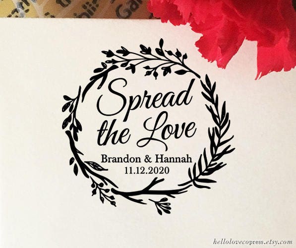 Spread The Love Stamp, Jam Wedding Favor Self Inking, Wood Rubber Rustic Fall Laurel Wreath, Personalized Stamp