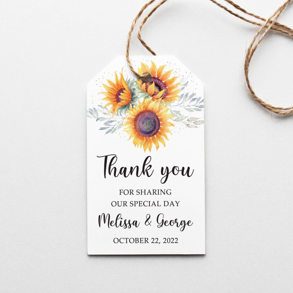 Vintage Sunflower Wedding Favor Tag Summer Floral Thank You Label Personalized Names & Date