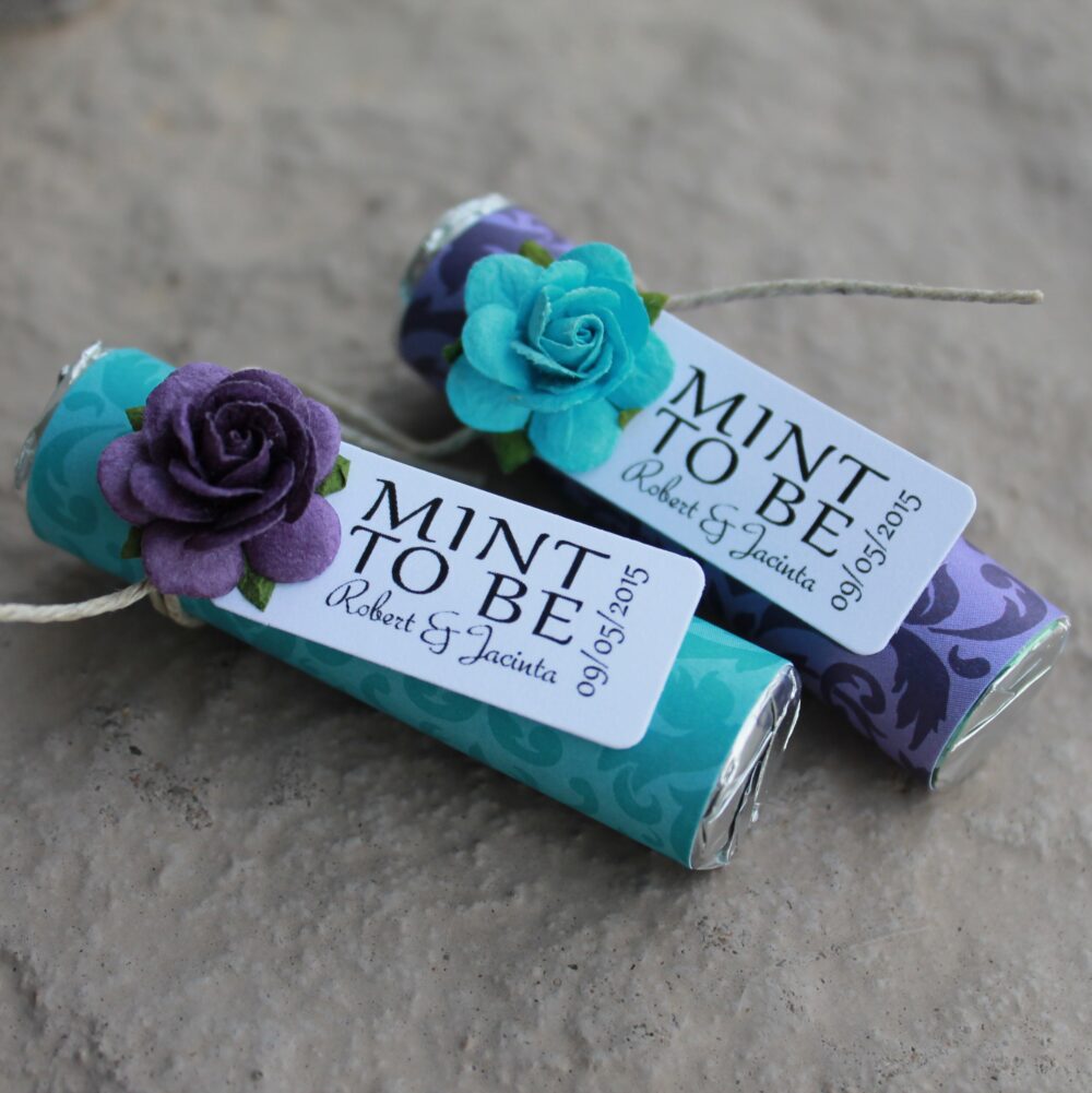 Teal & Purple Wedding Favors Personalized Mint Rolls, "Mint To Be' Tag