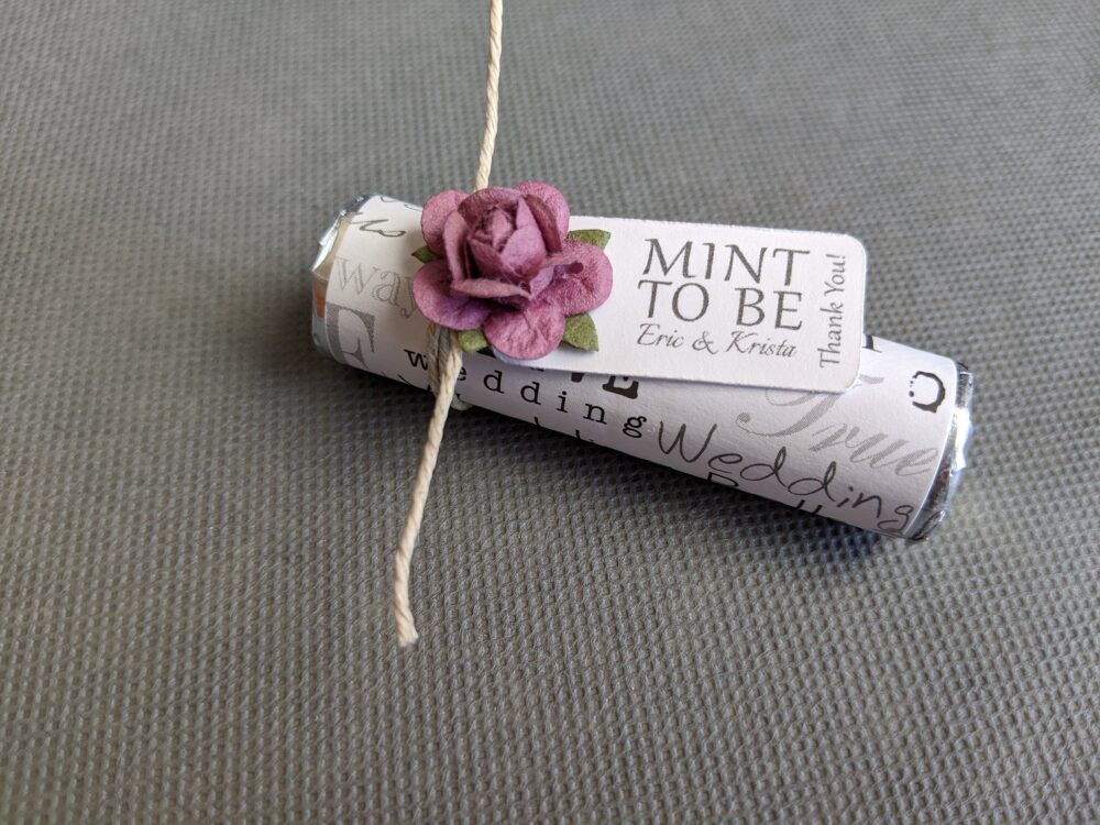 Unique Wedding Favors, Personalized Mints With Purple Roses, Tag Reads Mint To Be