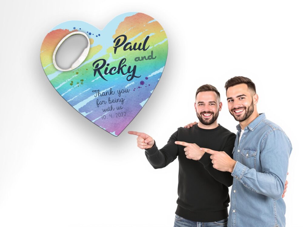 Gay Wedding Favor Heart Bottle Opener Magnet - Personalized Bulk Favours