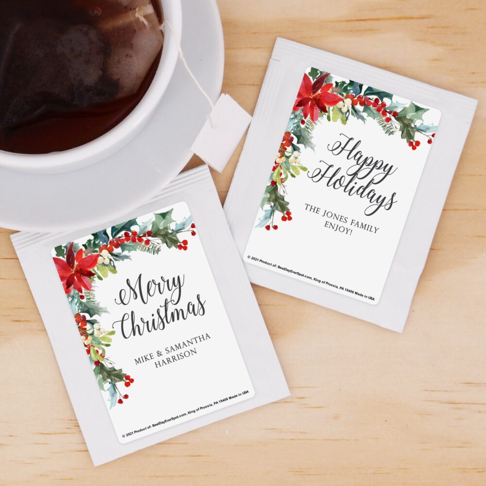 Christmas Tea, Personalized Tea Favors, Party Favor, Poinsettia Traditional Party, Family - Set Of 30
