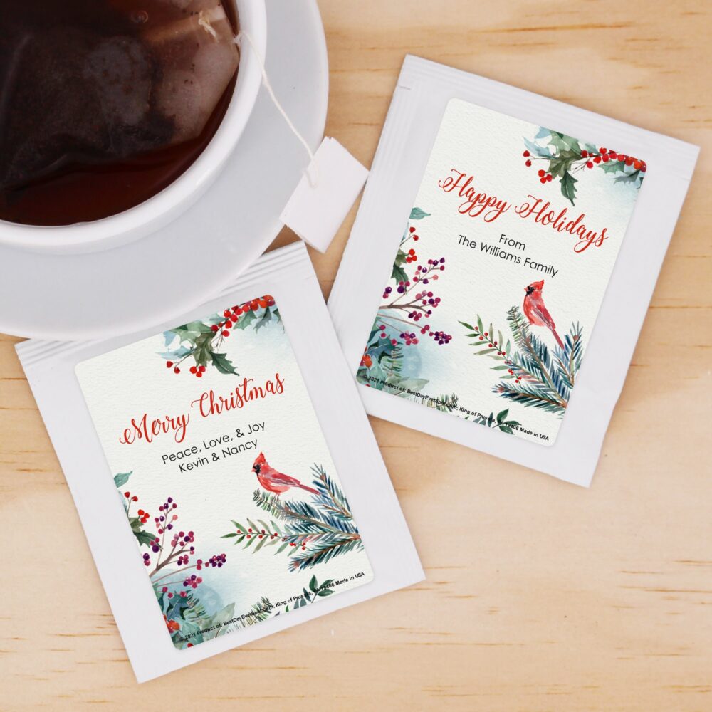 Christmas Tea, Personalized Tea Favors, Party Favor, Red Cardinal Traditional Party, Family - Set Of 30
