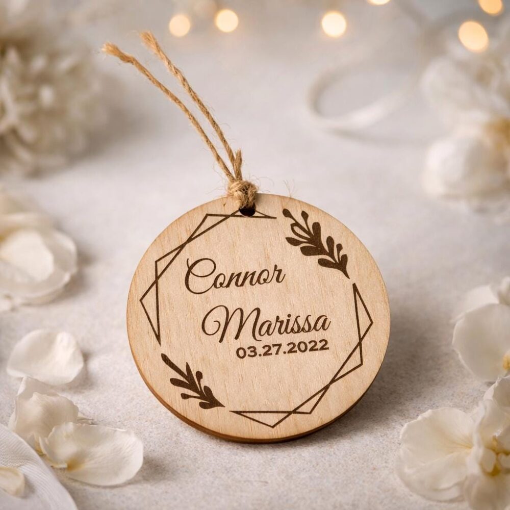 Rustic Wood Christmas Wedding Ornament Favors - Engraved Holiday Decor Custom Favor Keepsake