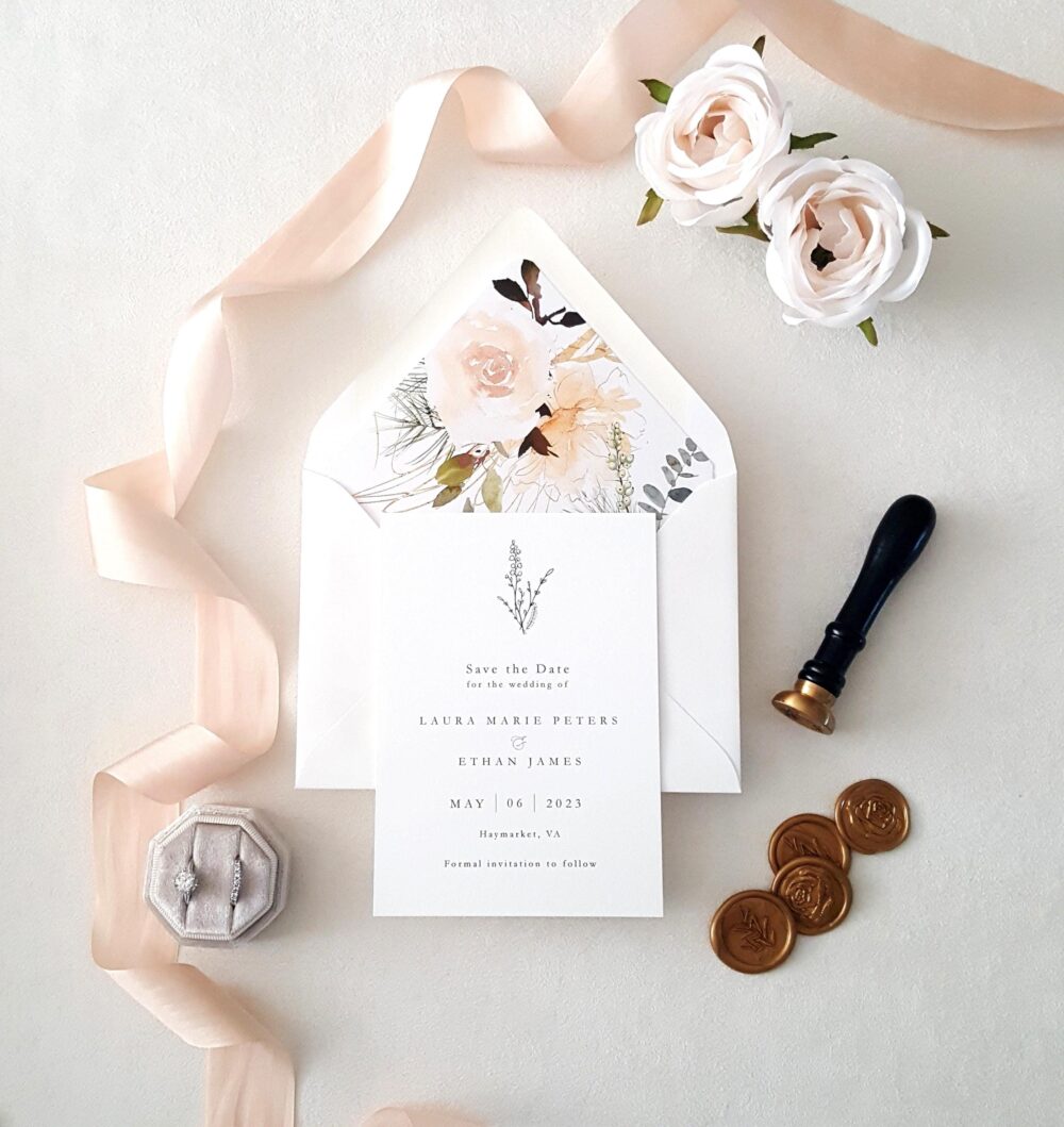 Champagne Floral Wedding Save The Date Deposit Botanical Monogram Elegant Neutral