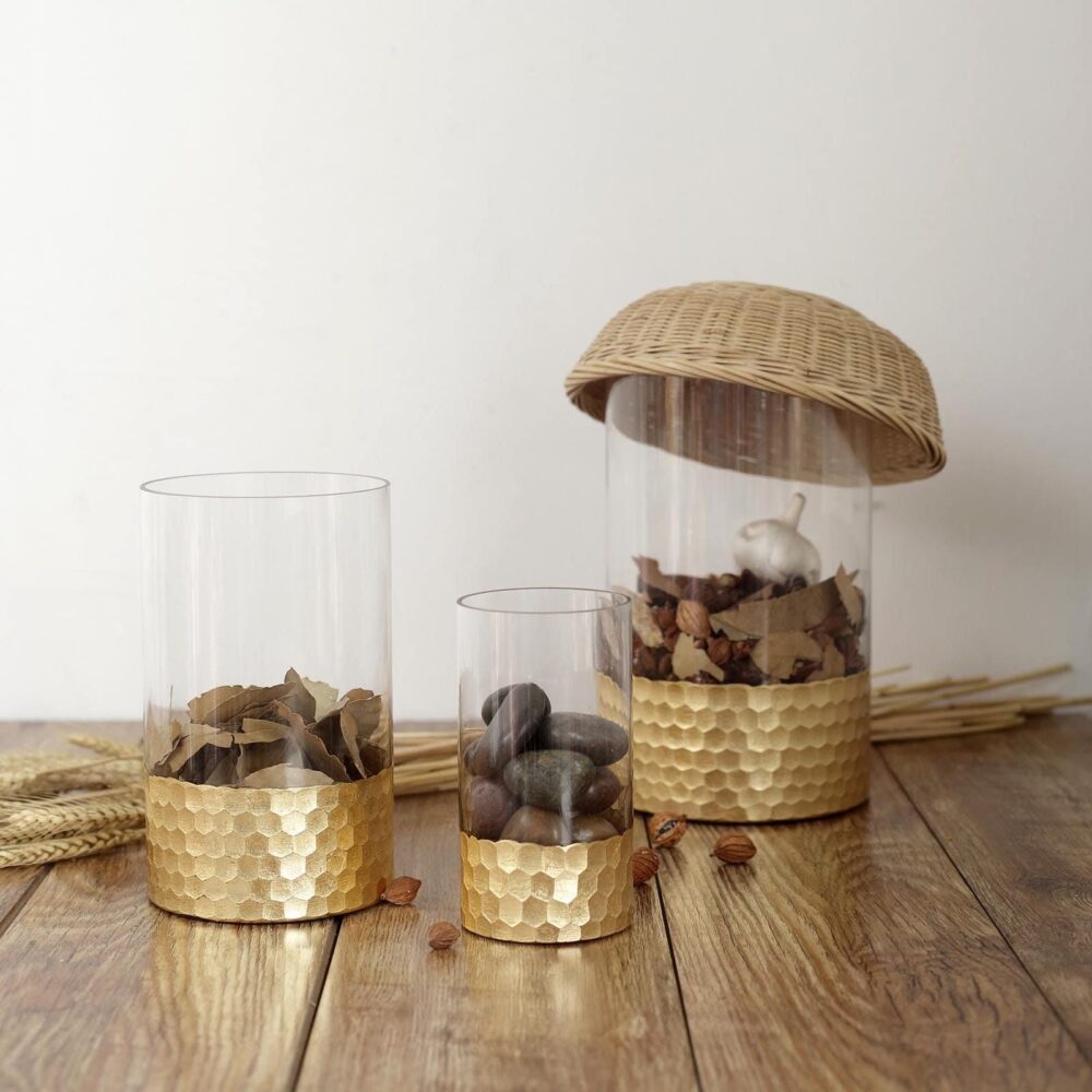 Set Of 3 | Clear Glass Vase With Gold Honeycomb Base, Flower Vase, Cylinder For Candles, Wedding Centerpiece, Modern