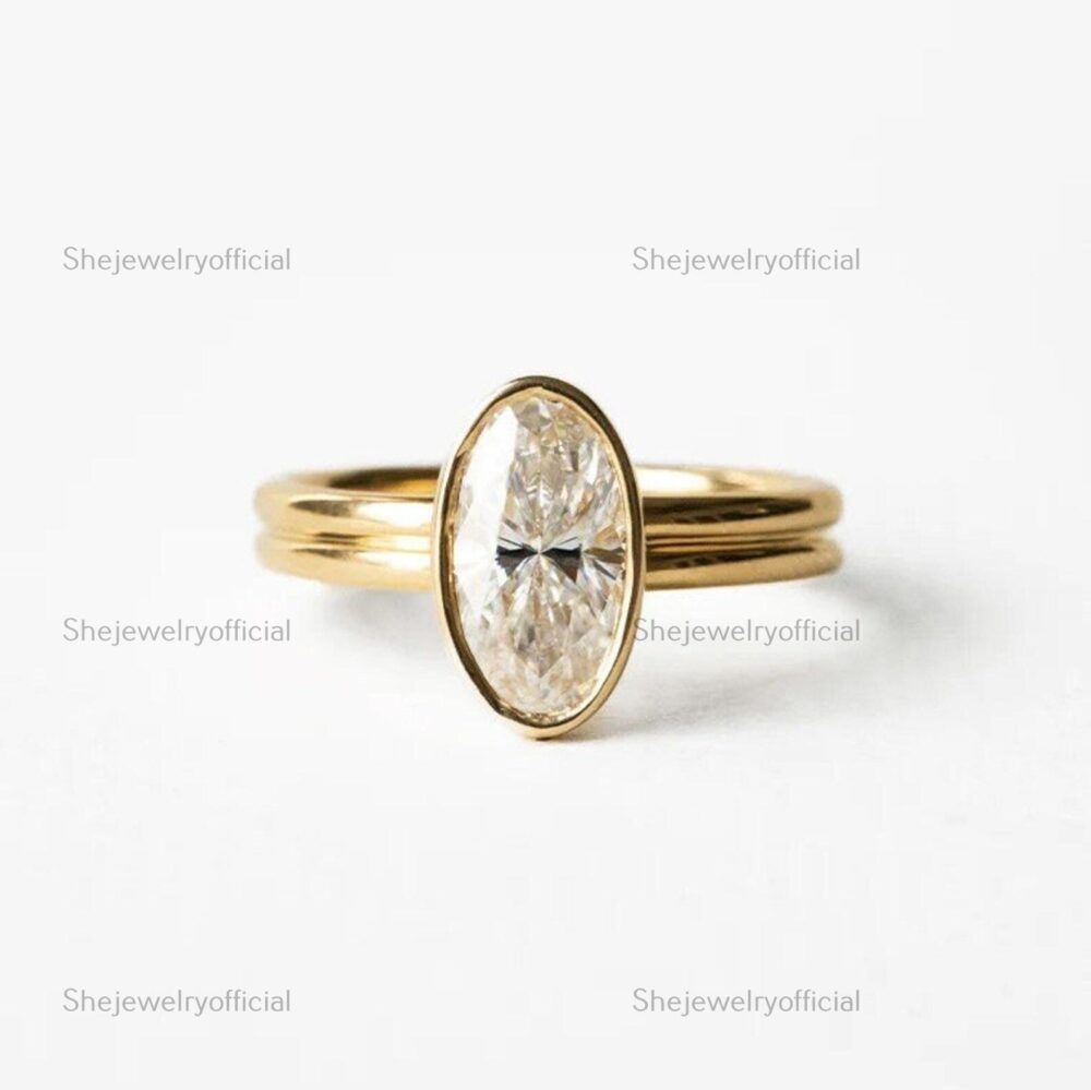 14K Gold Oval Moissanite Engagement Ring Bezel Set Colorless Stone Wedding Proposal Anniversary Gift