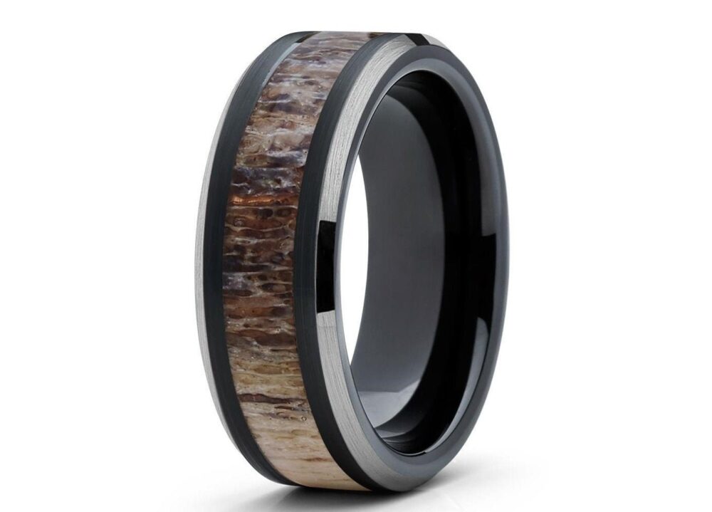Deer Antler Wedding Band, Black Tungsten Ring, Men & Women, Anniversary Engagement Ring