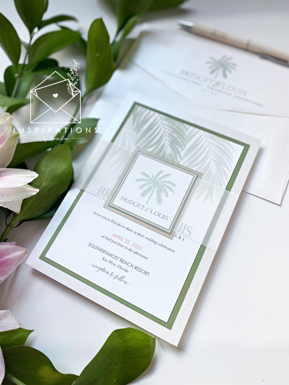 Elegant Beach Wedding Invitations, Palm Trees, Dusty Blue Island Wedding, Classic Beach, Tropical Invitations