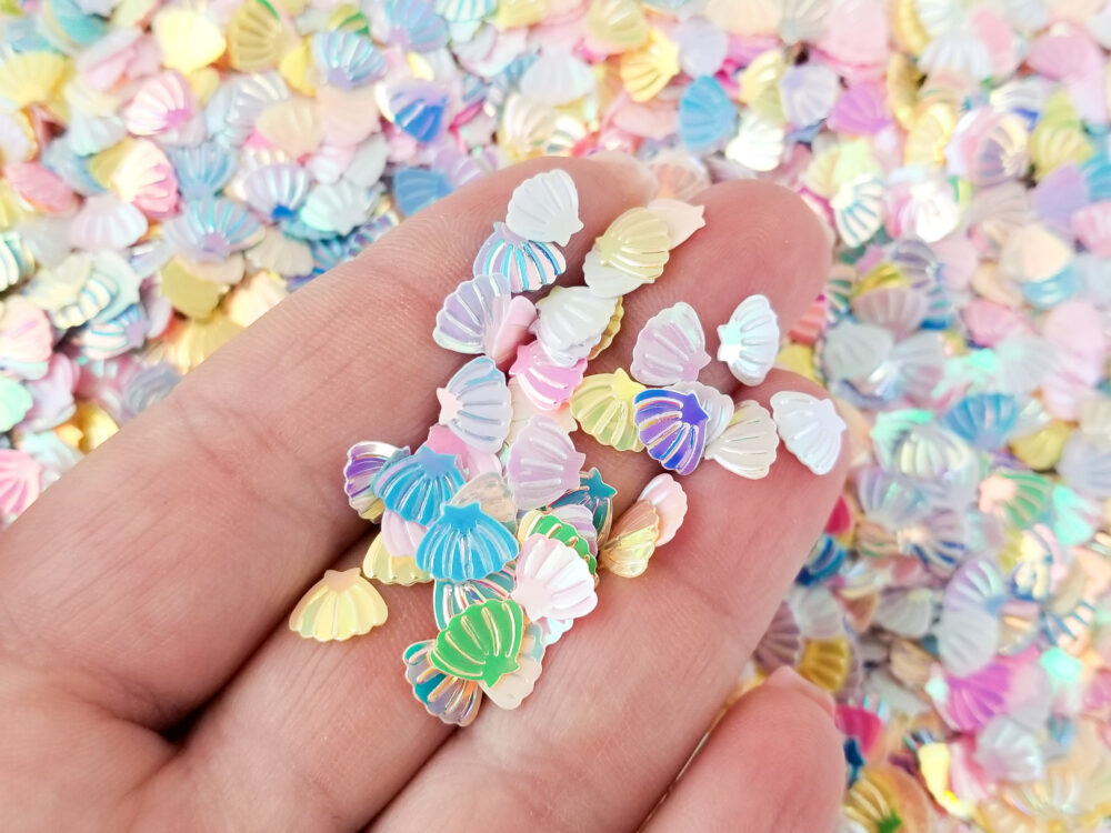10 Grams Pastel Party Shift 8mm Seashell Iridescent Glitter, Sprinkle Topping Slime Supplies, Table Scatter Confetti Clam Sea Shell Mix, T71