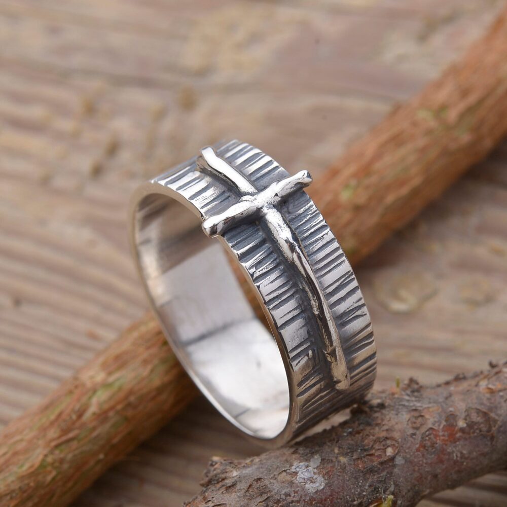 sterling Silver Cross Ring For Men, Christian Band | 7.5mm, Da519