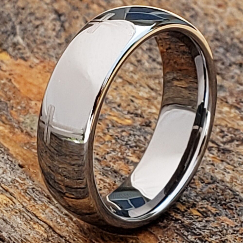 Tungsten Carbide Mens Wedding Band, Simple Cross Ring, Brushed Finish