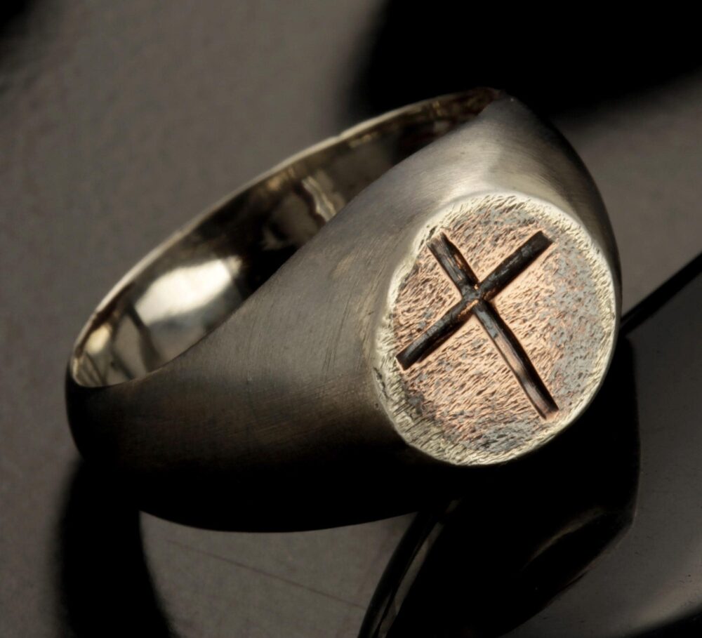 Men's Silver & Copper Cross Signet Ring, Handmade Christian Faith Jewelry, Rustic Religious Symbol Band, Gift For Him, Rs-1223-A