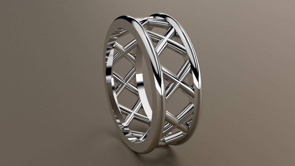 18Kt White Gold 8mm Mens Wedding Band With Open Cross Bar Design, Ring Openess, Wide Unique Look