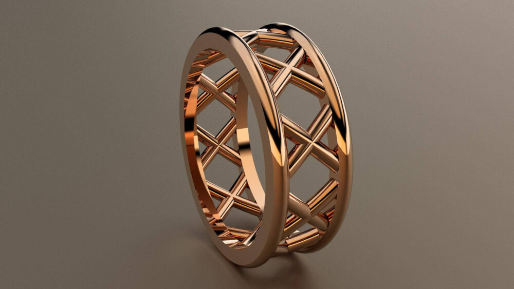 10Kt Rose Gold 8mm Mens Wedding Band With Open Cross Bar Design, Pink Ring Openess, Wide Unique Look