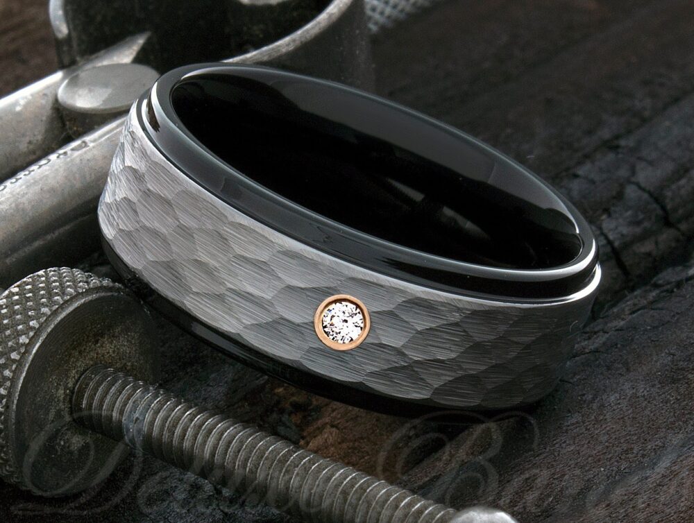 Mens Tungsten Ring - Wedding For Him Engagement Womens Diamond Band Hammered