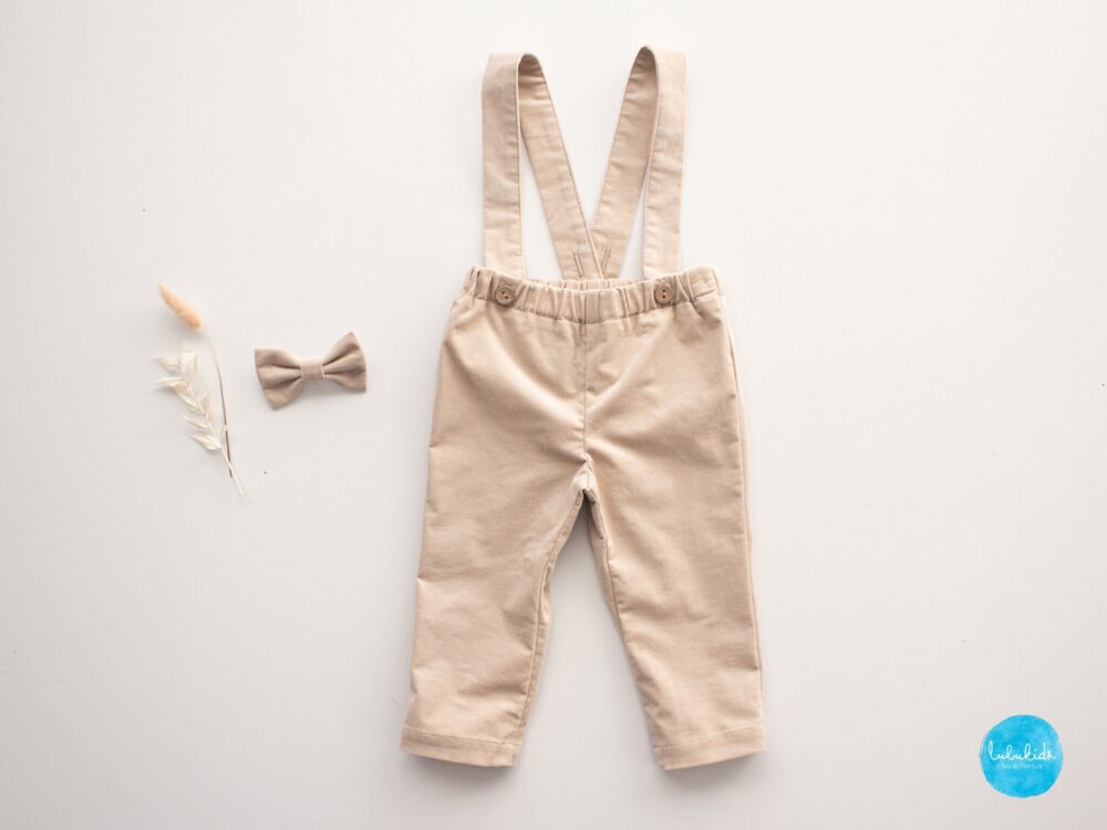 Baby Boy Baptism Outfit, Ring Bearer Suit, Page Wedding Dungarees - 2Pce Corduroy Tan Boy's Suit Pants With Straps+Bow Tie