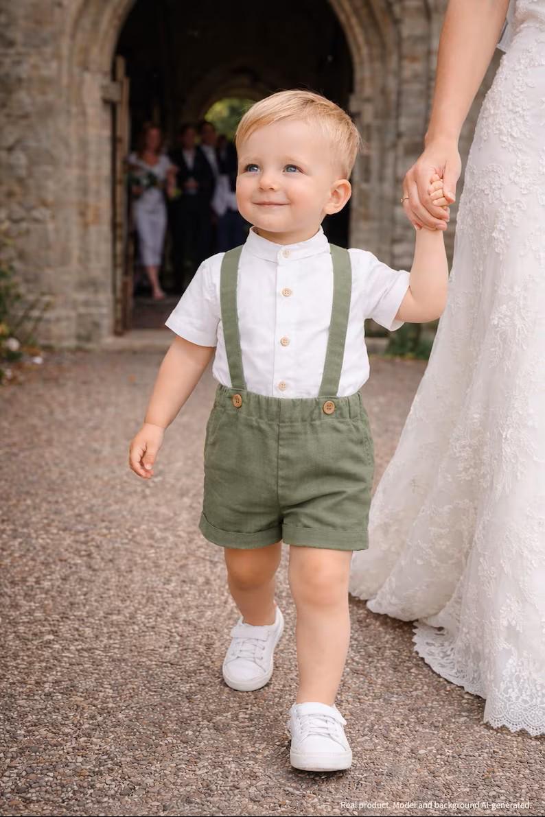 Baby Boy Wedding Outfit, Ring Bearer Suit, Christening Suit - 2-Piece Linen Outfit Smoke Green Shorts With Suspenders + Shirt