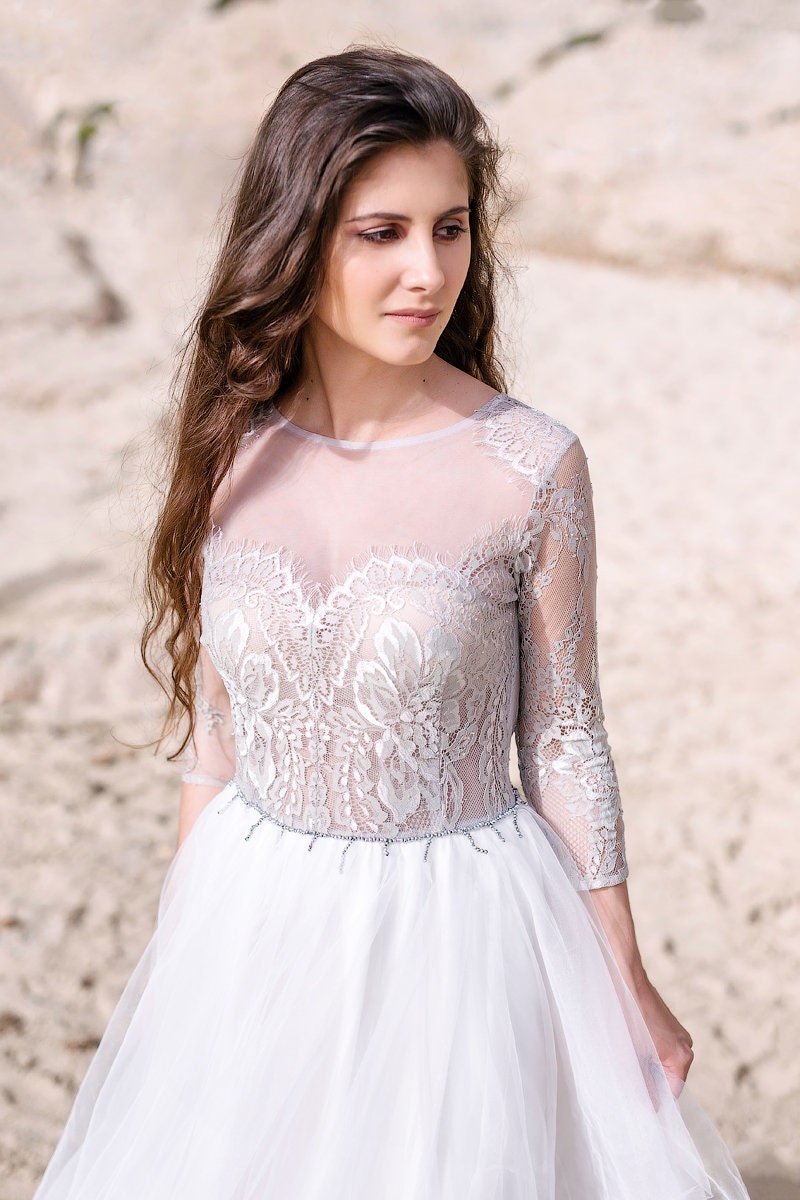 Grey Lace Wedding Gown Bohemian Tulle Dress With Long Sleeves