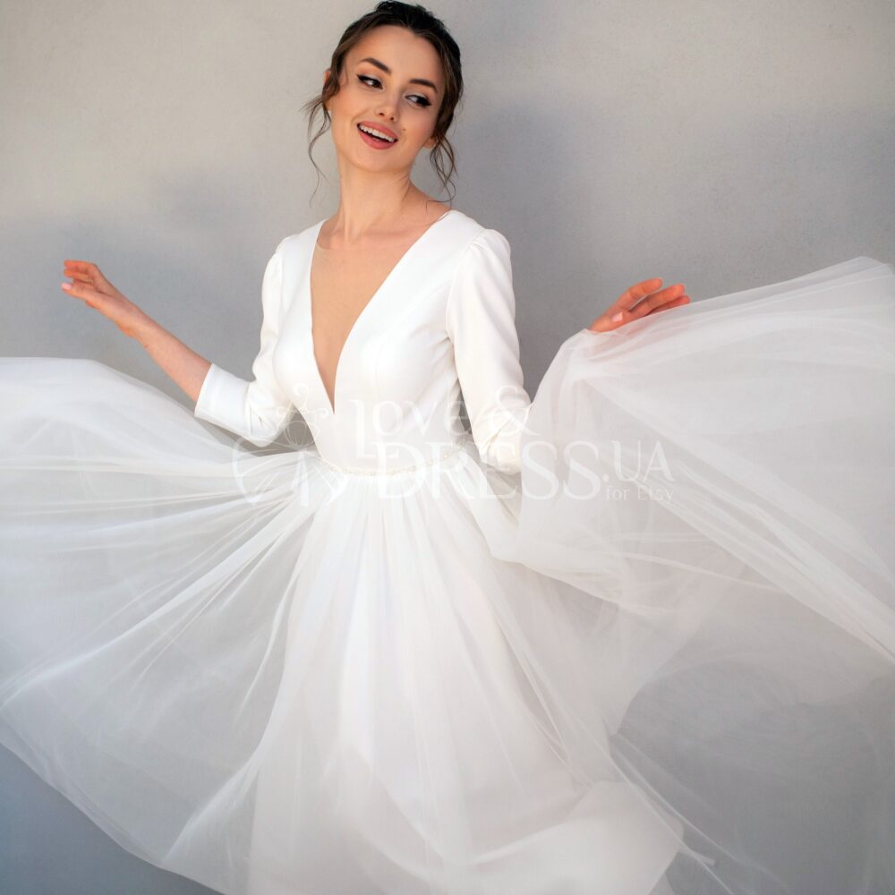 Short Wedding Dress, Long Sleeve 50S Tea Length Bridal Gown, Simple Wedding Reception Dress