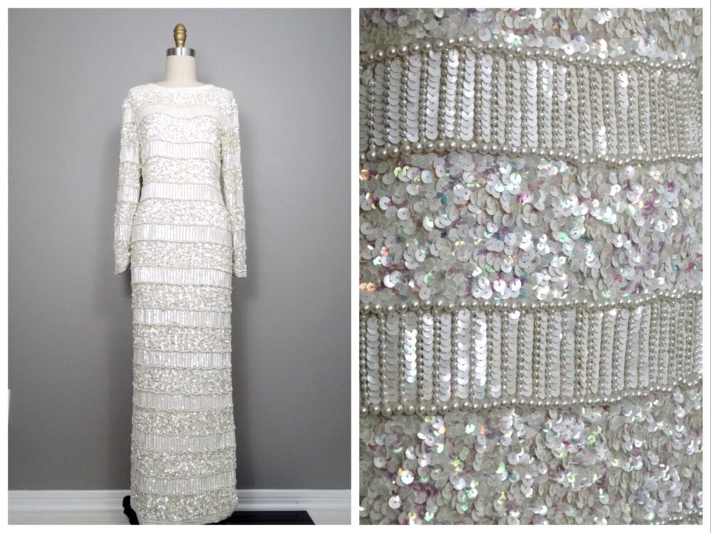 Vintage Pearl Beaded Wedding Gown, Silk Sequined Iridescent Dress