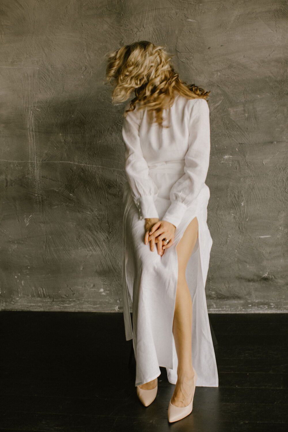 Long Sleeve Linen Wedding Gown/Slit Bridal Dress, Custom Fit Handcrafted