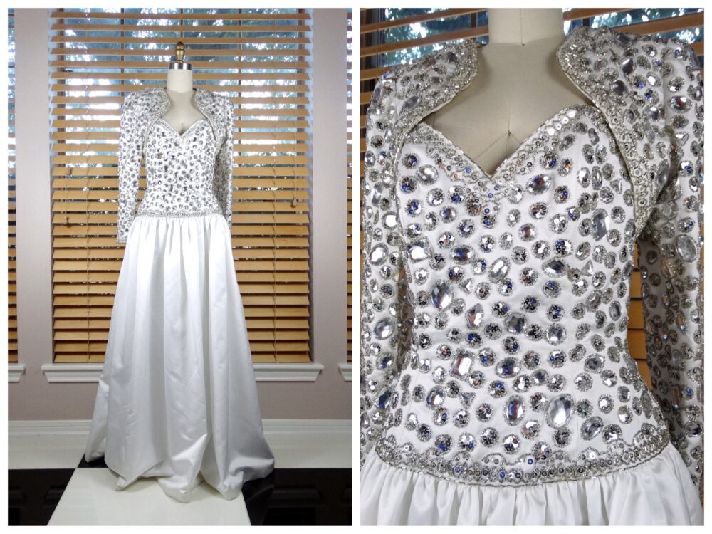 Vtg Jewel Beaded Bustier Wedding Gown/Old Hollywood Crystal Sequin Sweetheart Princess Bride with Bolero Jacket Rhinestone Dress