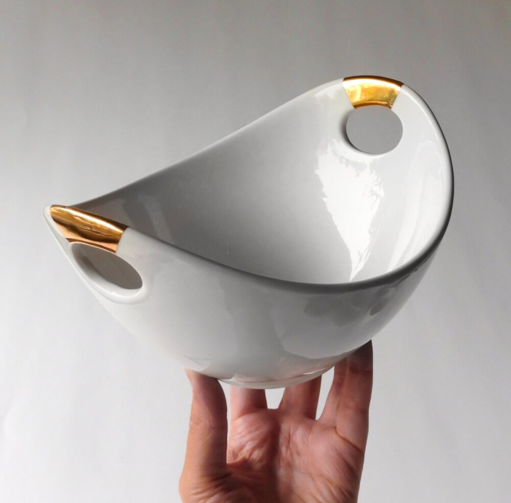 Ceramic White & Gold Serving Dish 8", Hostess Gift, Wedding Decor, & Tableware