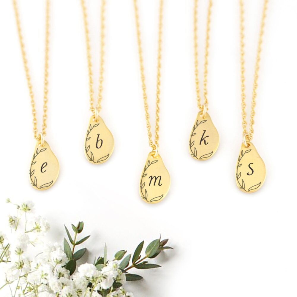 Bridesmaid Gift Necklace, Dainty Initial Necklace Gold, Floral Engraved Monogram Pendant, Wedding Party Jewelry Personalized Bridal