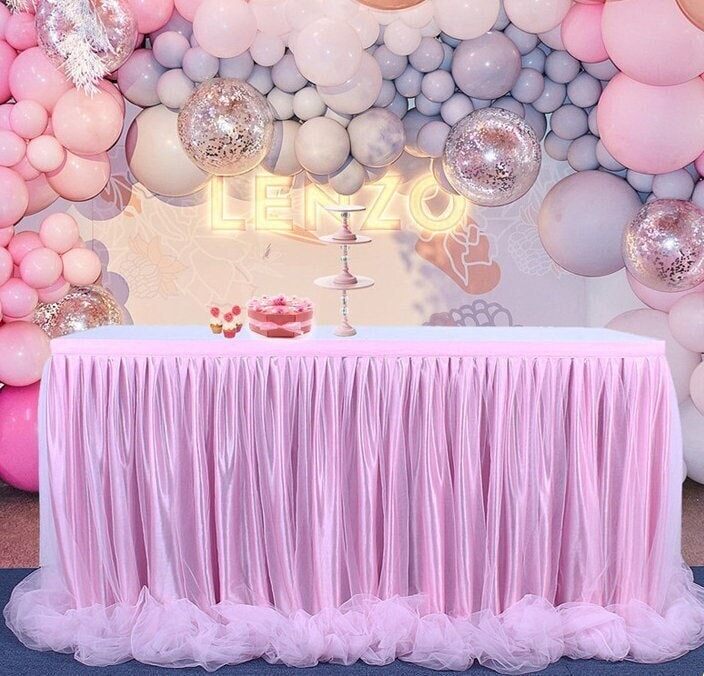 Pink Tulle Table Skirt, Lengthened Party Tablecloth