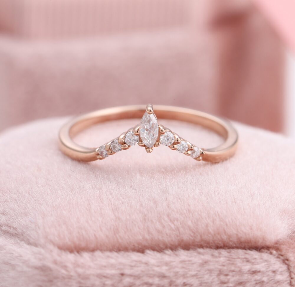 Curved Wedding Band For Halo Ring, Marquise V Shaped Diamond Custom Made Rose Gold Engagement Rings, Engraved Anniversary Rings