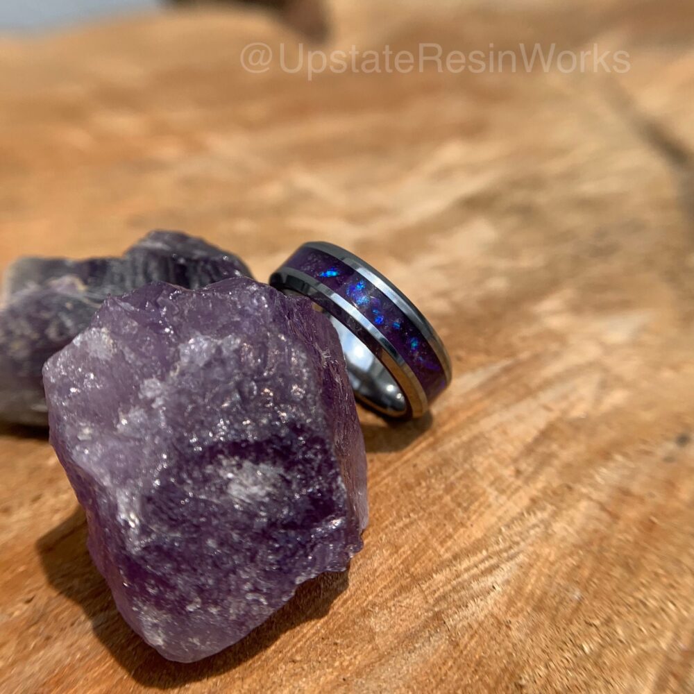 Purple Amethyst Ring, & Teal, Opal Push Gift, Gemstone Band, Promise Wedding Engagement Vow Renewal Band