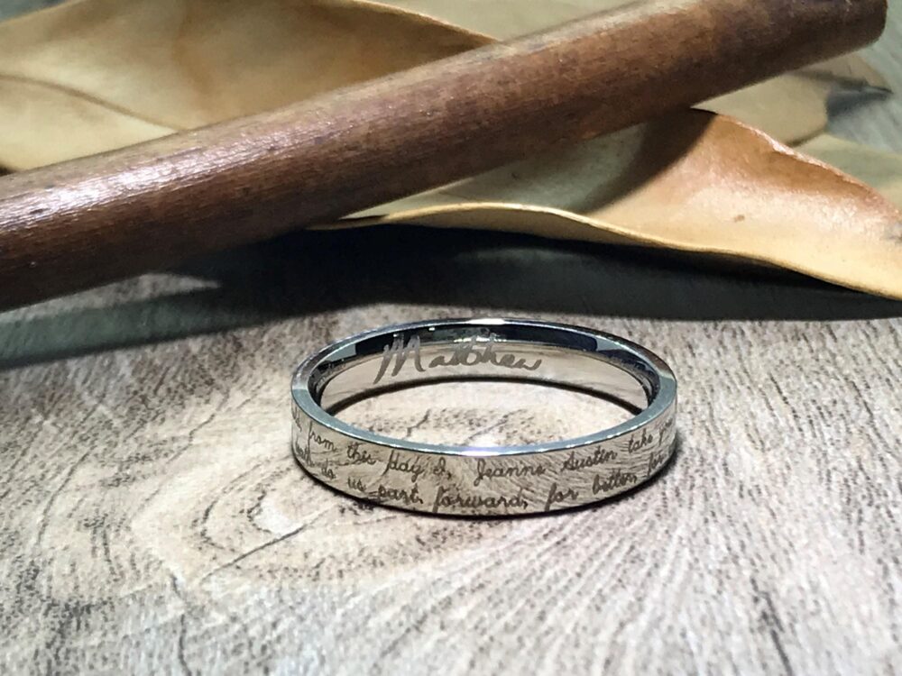 Handmade Your Marriage Vow & Signature Rings White Gold Colour Wedding Ring Titanium Bridal Band Couple Flat Shape 4mm
