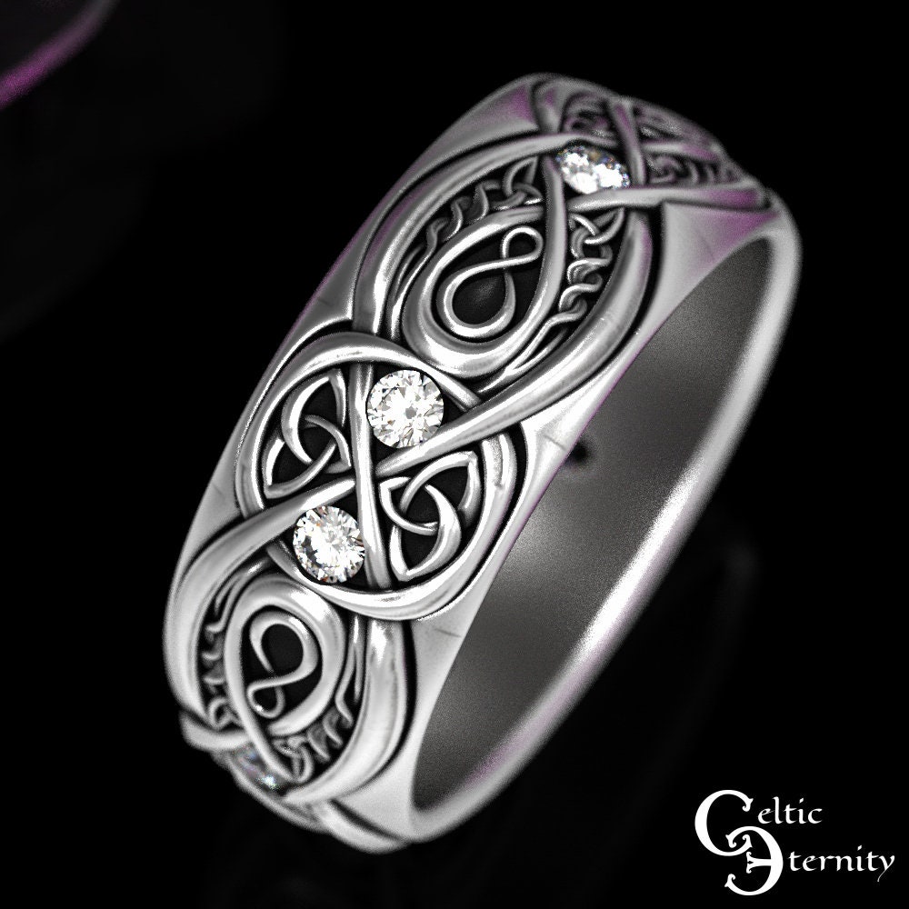 Moissanite Wide Wedding Band, Sterling Mens Celtic Infinity Ring, 1642