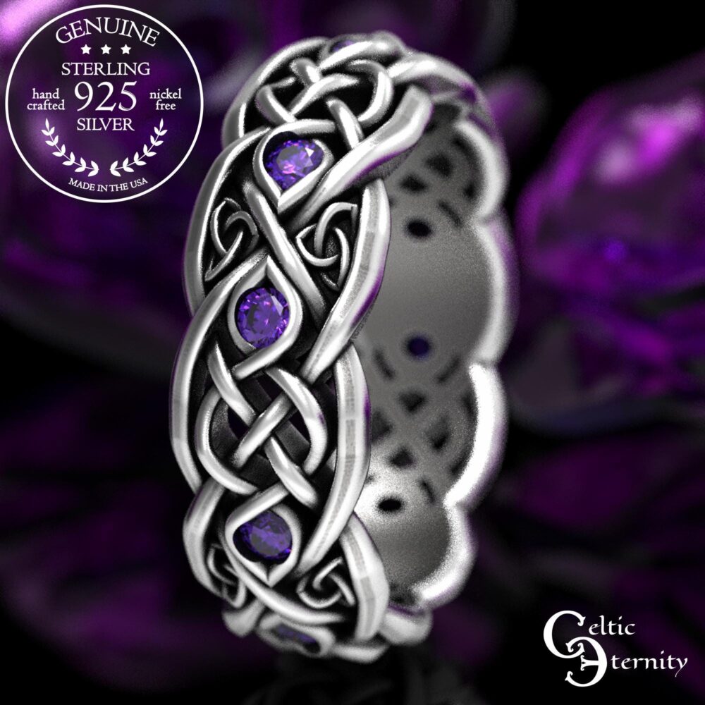 Infinity Amethyst Wedding Band, Sterling Silver Celtic Knot Ring, 1052
