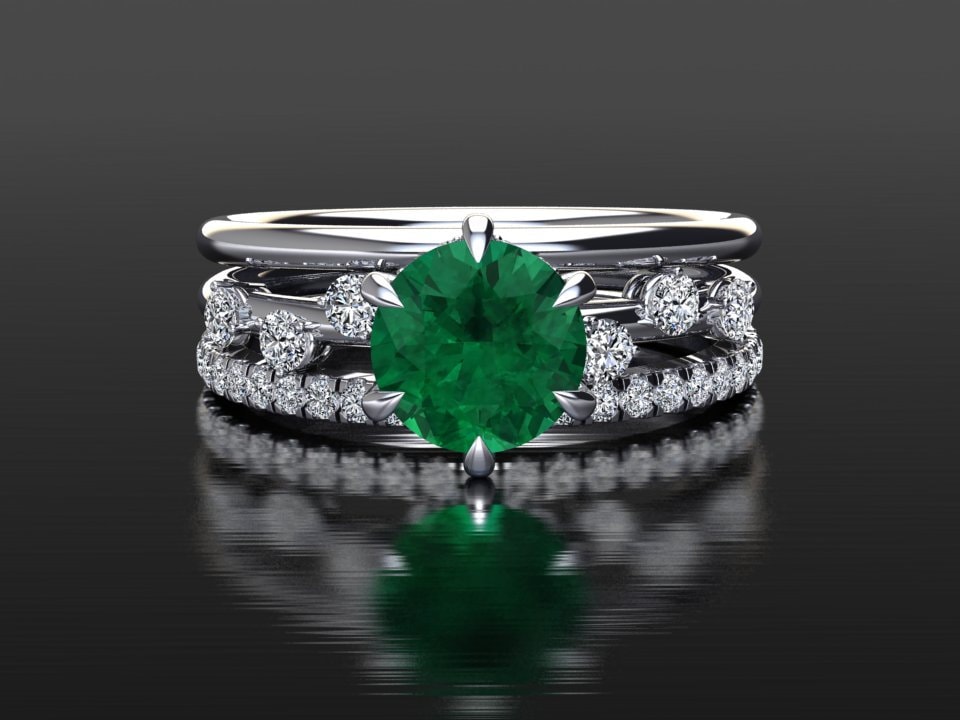 Platinum Wedding Ring Stack | Emerald Engagement Natural Diamonds & Matching Bands
