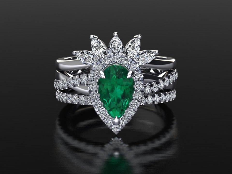 Pear Shape Emerald Wedding Stack | Engagement Ring Natural Diamonds & Matching Bands Platinum