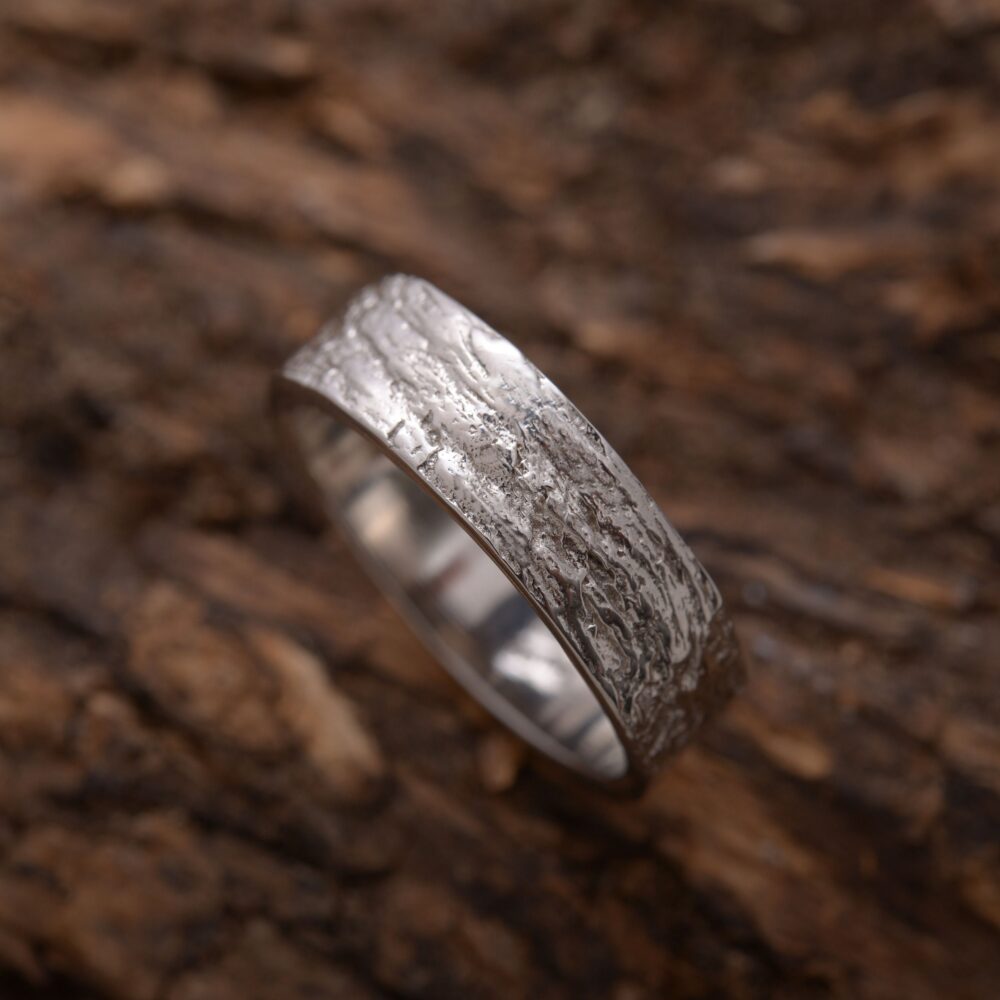 Mens Artistic Tree Bark Ring, Sterling Silver Band With Platinum Plating, 6mm Wide, Free Engraving By Hand, Da726
