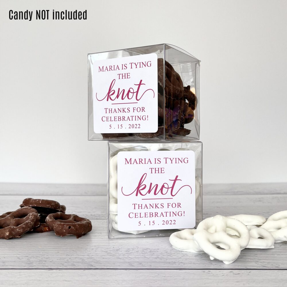 Bridal Shower Favor Boxes - Wedding Favors For Guests She Is Tying The Knot Pretzel // 3" Cubes & Labels, Food Not Included