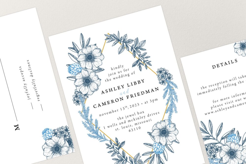 Printed Blue Modern Floral Wedding Invitation Suite, Flower Diamond Invite, Summer Wedding, Spring Garden, Rsvp Card, Details, Menu