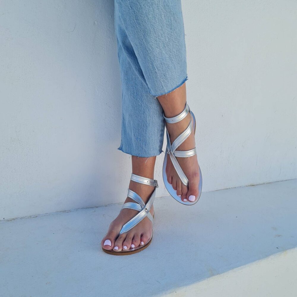 Gladiator Leather Sandals For Women, Silver Flat Sandals, Summer Flats, Bridesmaid Gift, Wedding Handmade Beach Shoes