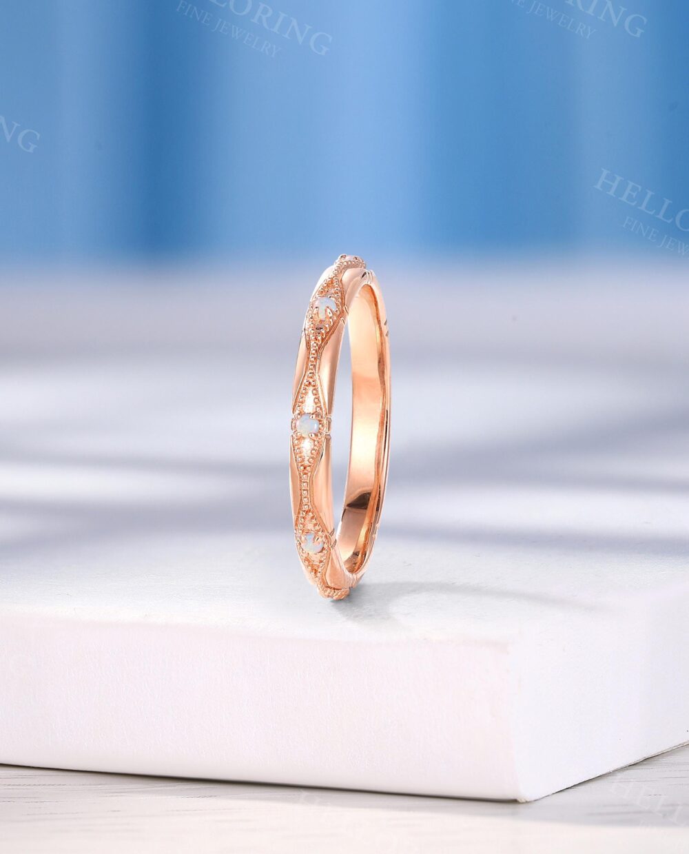Vintage Opal Wedding Band, Unique Alternative Rose Gold Bridal Ring, Art Deco Stacking Engrave Ring, Birthstone Ring, Anniversary Promise Ring