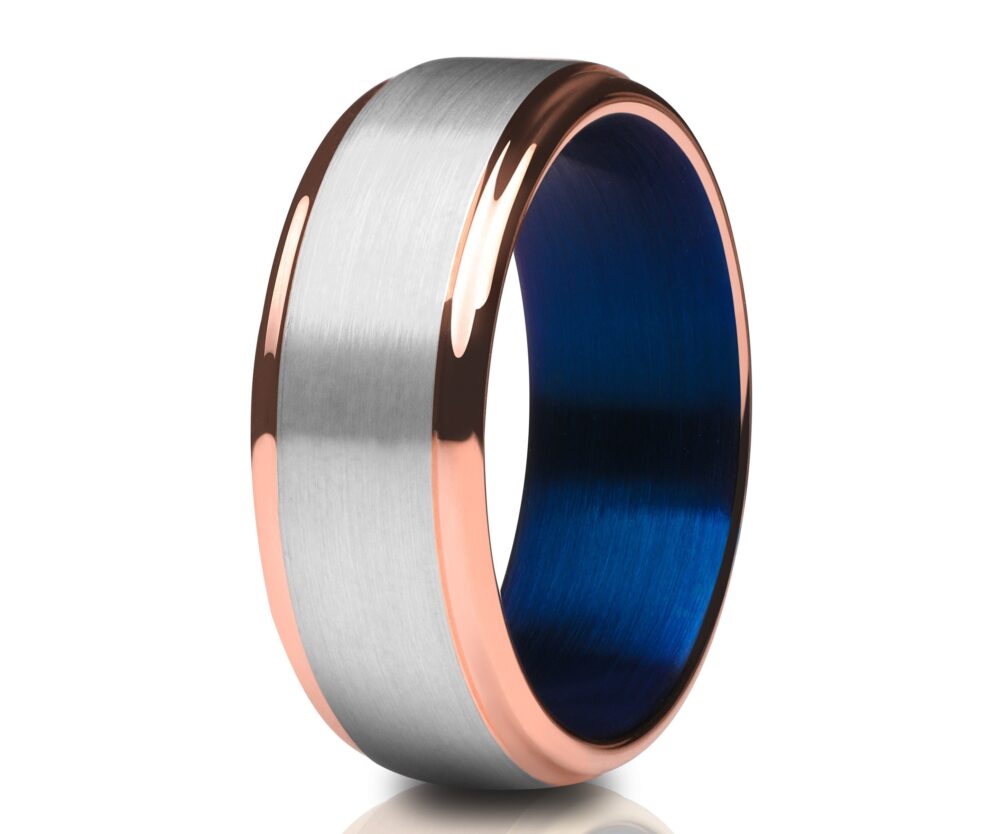 Blue Rose Gold Wedding Band, 8mm & 6mm, Tungsten Ring, Anniversary, Engagement, Comfort Fit Ring, Unique Tungsten Band, Brush Unisex Ring