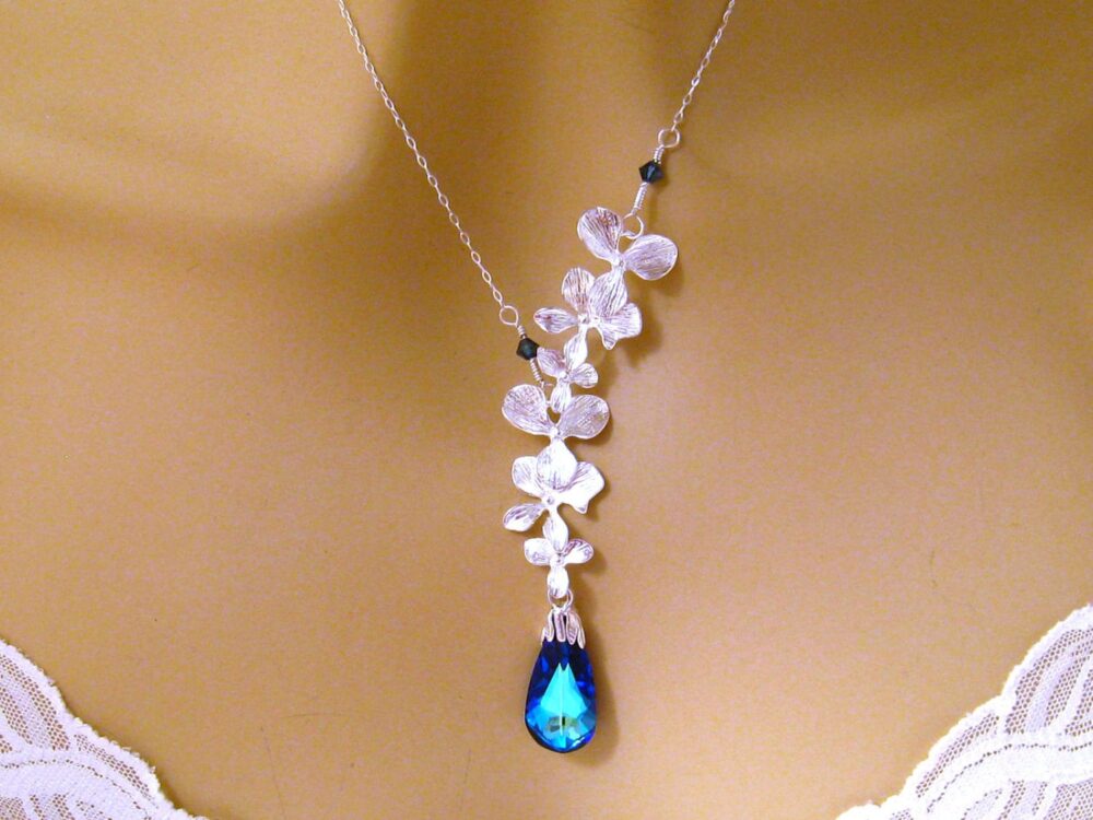 Blue Wedding Necklace, Peacock Jewelry, Bridal Necklace Orchid Flower Crystal Jewelry Bridesmaid Gift
