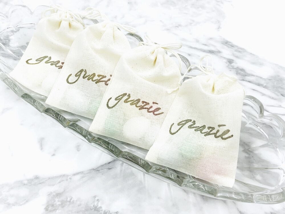 Italian Favor Bags For Wedding, Shower - Grazie Mini Cotton Favor Bags Sugared Jordan Almonds Hand Stamped, Bulk Gift Guests