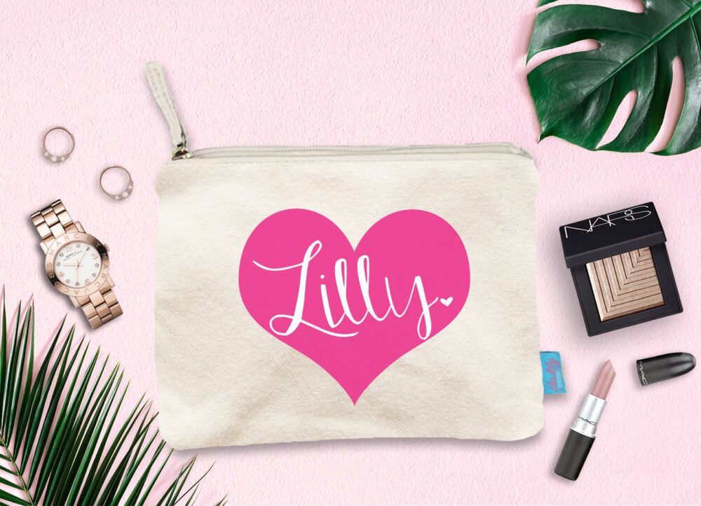 Personalized Heart Makeup Bag, Bridesmaid Cosmetic Pouch