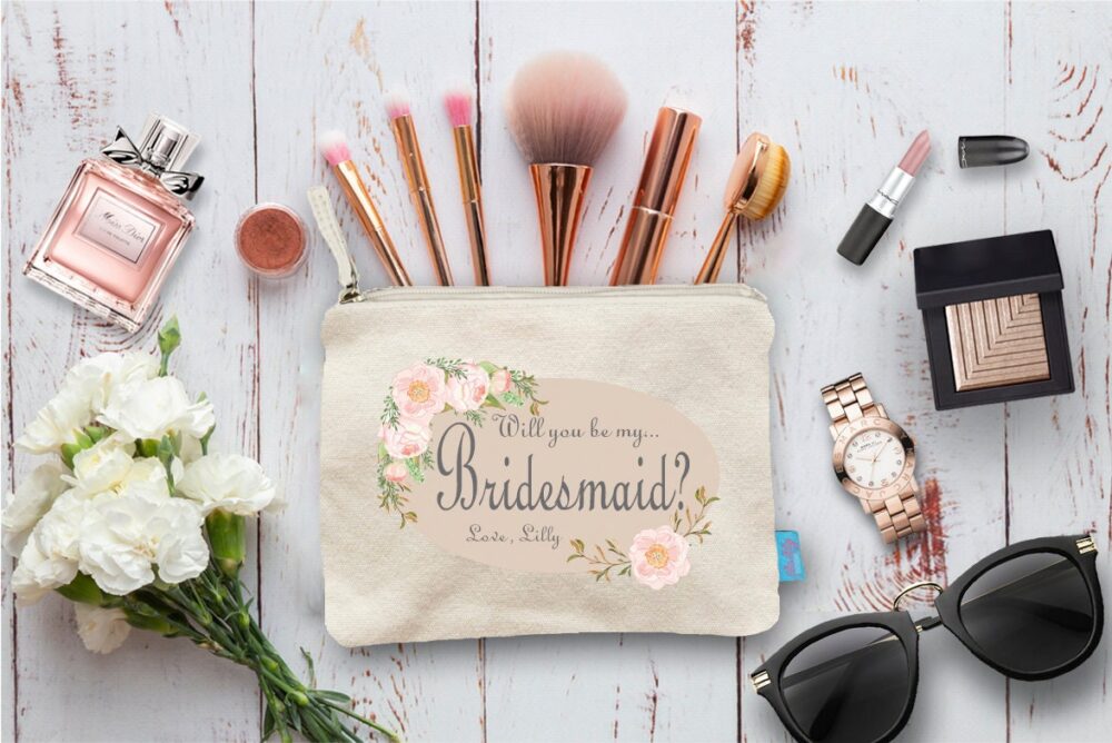 Bridesmaid Makeup Bag, Floral Wedding Party Gift, Personalized Cosmetic Pouch