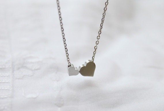 Tiny Double Heart Necklace, Twin Hearts Charm, Minimalist Heart, Gift For Mom -2221