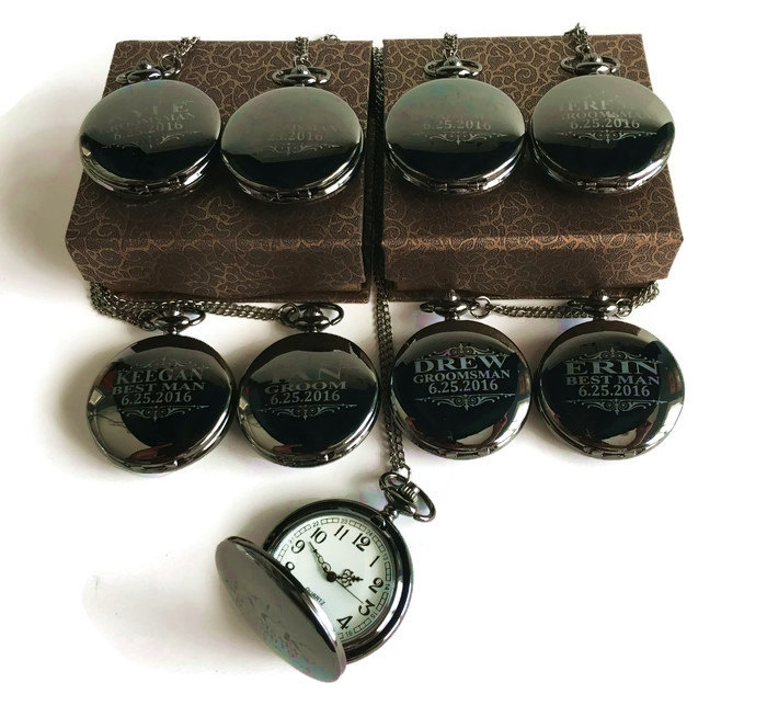 10 Groomsman Gifts - Black Engraved Pocket Watches -10 Black/Gunmetal Finish -Personalized Gift-Wedding Gifts For Him
